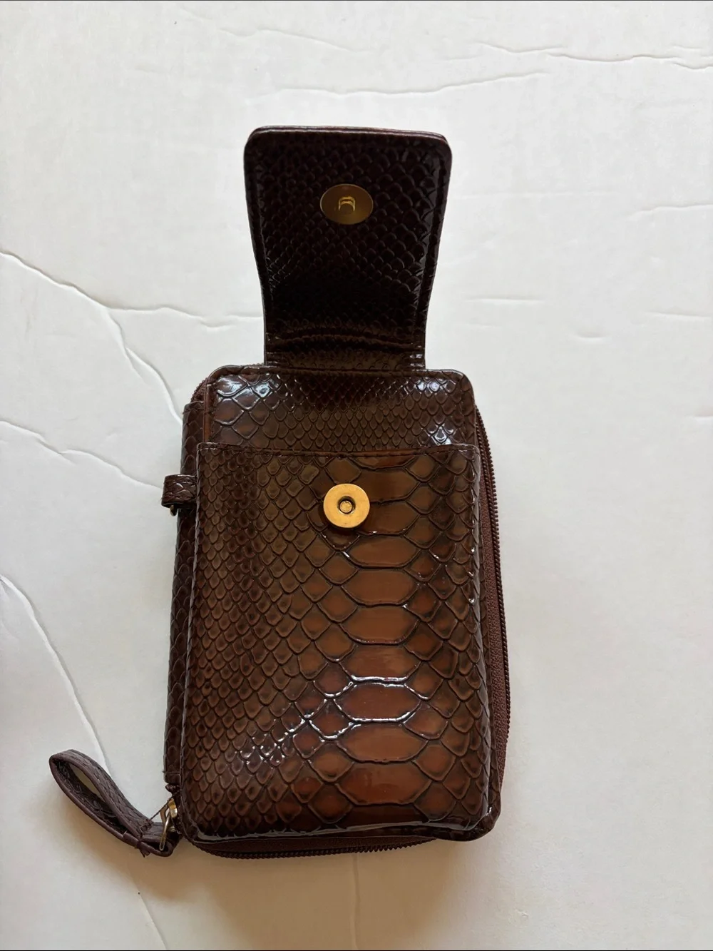 Glossy Brown Faux-Snake Clutch with Snap Strap